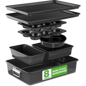 image:imageNutriChef 8Piece Nonstick Stackable Bakeware Set  PFOA PFOS PTFE Free Baking Pans Set wNonStick Coating 450F Oven Safe Round Cake Loaf Muffin WideSquare Pans Cookie Sheet GrayOnyx