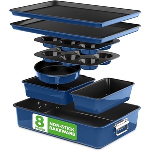 image:imageNutriChef 8Piece Nonstick Stackable Bakeware Set  PFOA PFOS PTFE Free Baking Pans Set wNonStick Coating 450F Oven Safe Round Cake Loaf Muffin WideSquare Pans Cookie Sheet GrayBlue