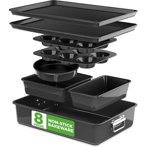 image:imageNutriChef 8Piece Nonstick Stackable Bakeware Set  PFOA PFOS PTFE Free Baking Pans Set wNonStick Coating 450F Oven Safe Round Cake Loaf Muffin WideSquare Pans Cookie Sheet GrayBlack
