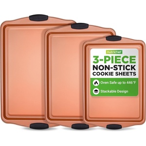 image:imageNutriChef 3 Piece Cookie Sheets for Baking  PFOA PFOS PTFE Free Nonstick Carbon Steel Bakeware Set  Home Kitchen Bake Pan Cookie Sheet Stackable Baking Sheet wBlack Silicone Handles NCSBS3S453 Piece Set
