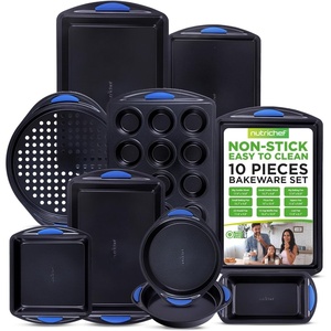image:imageNutriChef 3Piece Nonstick Cookie Sheets for Baking  Carbon Steel Stackable Bakeware Set w Silicone Handles  Non Toxic Baking Pan  Durable amp Wrap Resistance Oven Safe  Easy cleanup10 Pcs Set