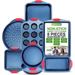 image:imageNutriChef 3Piece Nonstick Cookie Sheets for Baking  Premium Carbon Steel Baking Trays w NonStick Smooth Coating amp Silicone Handles  Large Medium amp Small Bakeware  Blue8Piece Set