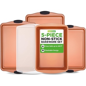 image:imageNutriChef 5Piece Bakeware Set  Premium NonStick Stackable Kitchen Baking Pans with Silicone Handles  Includes 3 Cookie Sheets Baking Pan amp Lid  Perfect for Cakes Cookies amp BrowniesAssorted Sizes