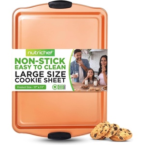 image:imageNutriChef Large Nonstick Cookie Sheet for Baking  17 x 11 Carbon Steel Kitchen Oven Baking Pan Premium Restaurant Grade Bakeware wBlue Silicone Handles  Easy to Clean Champagne GoldCopper