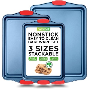 image:imageNutriChef 10Piece Nonstick Bakeware Set  Premium Carbon Steel Baking Pans wSilicone Handles  Includes Pizza Tray with Holes 12 amp 24 Cup Muffin Pans Cookie Sheets Round Square amp Loaf Pan  Blue3Piece Set