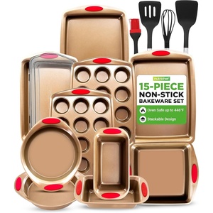 image:imageNutriChef 15Piece Nonstick Bakeware Set w Baking Utensils  Premium Oven Safe Baking Pans with Silicone Handles Easy Clean Dishwasher Safe Tray Set for Cakes Muffins Bread Cookies amp RoastingGold