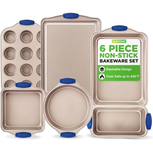 image:imageNutriChef 6Piece Nonstick Bakeware Set  Premium Carbon Steel Baking Trays wHeatSafe Silicone Handles  Includes Loaf Pan MuffinCupcake Pan Round amp Square Roaster Pans Cookie Sheet  NCSBSG366 Pieces Set