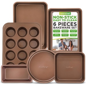 image:imageNutriChef Stackable NonStick Baking Pan Set  Carbon Steel Bakeware Set w Cookie Sheet Muffin amp Loaf Pan Double Coated for Easy Release Oven amp Dishwasher Safe Resists Warping  Easy to CleanGold