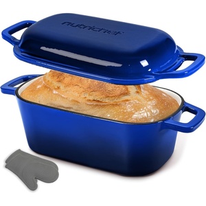 image:imageNutriChef 10 Enameled Cast Iron Bread Pan with Lid Oval Loaf Dutch Oven with Silicone Gloves OvenSafe to 500F for Baking Roasting Stewing amp More Dishwasher Safe BlueBlue