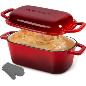 image:imageNutriChef 10 Enameled Cast Iron Bread Pan with Lid Oval Loaf Dutch Oven with Silicone Gloves OvenSafe to 500F for Baking Roasting Stewing amp More Dishwasher Safe BlueRed