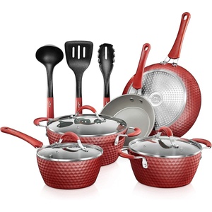 image:imageNutriChef 18Piece Nonstick Ceramic Cookware Set with Detachable Handles Pots and Pans PTFEFree Natural Ceramic Coating Oven amp Stove Safe Includes Utensils PinkElegant Diamond Pattern  Gray Inside  Red