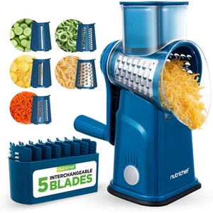 image:imageNutriChef 5 in 1 Cheese Grater amp Shredder  5 Different Blades for Thin Thick Julienne Strips Wavy amp Straight Strips  Includes Hand Crank Strong Suction Base amp Storage Container  WhiteBlue