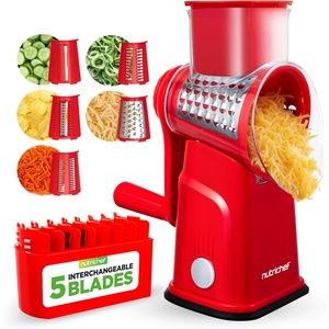 image:imageNutriChef 5 in 1 Cheese Grater amp Shredder  5 Different Blades for Thin Thick Julienne Strips Wavy amp Straight Strips  Includes Hand Crank Strong Suction Base amp Storage Container  WhiteRed