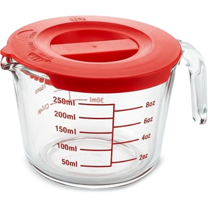 image:imageNutriChef 1 Cup Glass Measuring Cup with Lid 8 oz  HeatResistant Borosilicate Liquid Measure Cup with EasyRead Scale for Cooking Baking and Food Storage Dishwasher and Freezer SafeRed