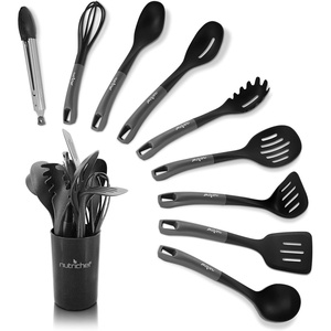 image:imageNutriChef 10pc Silicone Cooking Utensils Set  Basic Kitchen Tools Includes Spatulas Spoons Pasta Fork Soup Ladle Masher Whisk Tong and Utensil Holder Gray amp BlackGray and Black