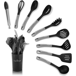image:imageNutriChef 10pc Silicone Cooking Utensils Set  Basic Kitchen Tools Includes Spatulas Spoons Pasta Fork Soup Ladle Masher Whisk Tong and Utensil Holder Gray amp BlackSilver