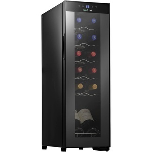 image:imageNutrichef 12 Bottle Stainless Steel Slim Wine Fridge  Red amp White Wine Chiller  Adjustable Temperature Control Ultra Quiet Operation amp Energy Efficient  Mini Wine Cooler Refrigerator 31x10x17 IN
