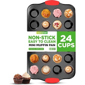 image:imageNutriChef 17 Nonstick Mini Muffin Pan  Premium Carbon Steel 24 Cup Baking Tray w Red Silicone Handles Easy to Clean Mini Cupcake Bakewear  Dishwasher Safe BlueBlack