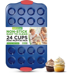 image:imageNutriChef 17 Nonstick Mini Muffin Pan  Premium Carbon Steel 24 Cup Baking Tray w Red Silicone Handles Easy to Clean Mini Cupcake Bakewear  Dishwasher Safe BlueBlue