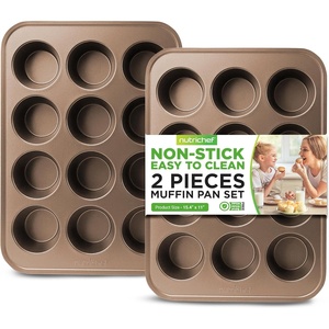 image:imageNutriChef 2Piece Nonstick Muffin Pan Set  Carbon Steel Cupcake Baking Pans with 12 Cups  15 inch x 11 inch Baking Tray Set  Gold