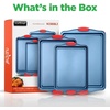 image:imageNiutriChef Baking Tray Oven Tray Pack of 3 Carbon Steel Cake Tray with Silicone Handles Oven Trays for Oven NonStick amp Stackable Easy to Clean 434 x 30 cm 384 x 254 cm and 34 x 22 cm Blue
