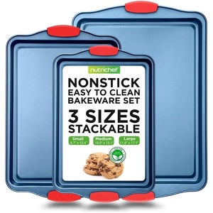 image:imageNiutriChef Baking Tray Oven Tray Pack of 3 Carbon Steel Cake Tray with Silicone Handles Oven Trays for Oven NonStick amp Stackable Easy to Clean 434 x 30 cm 384 x 254 cm and 34 x 22 cm Blue