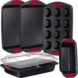 image:imageNutriChef 6Piece Baking Pan Set  Carbon Steel Stackable Bakeware with Blue Silicone Handles amp Nonstick Coating Includes Cookie Sheets Roaster Pan with Lid Loaf Pan and 12 Cup Muffin Pan GrayBlack