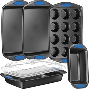 image:imageNutriChef 6Piece Baking Pan Set  Carbon Steel Stackable Bakeware with Blue Silicone Handles amp Nonstick Coating Includes Cookie Sheets Roaster Pan with Lid Loaf Pan and 12 Cup Muffin Pan GrayGray