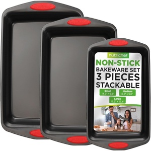 image:imageNutriChef 3Piece Baking Pan Set  Premium Nonstick Carbon Steel Bakeware w Silicone Handles  Includes Large Medium amp Small Pans for Baking amp Roasting  PFOA PFOS PTFE Free  BlackBlack