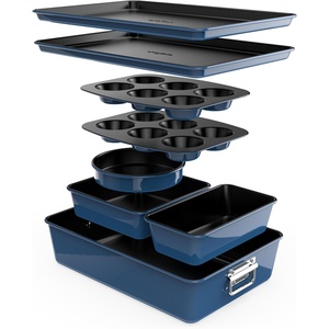 image:imageNutriChef 8Piece Nonstick Bakeware Set  Baking Tray Set wNonStick Coating 450F Oven Safe Round Cake Loaf Muffin WideSquare Pans Cookie Sheet BlueBlue