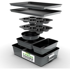 image:imageNutriChef 8Piece Nonstick Bakeware Set  Baking Tray Set wNonStick Coating 450F Oven Safe Round Cake Loaf Muffin WideSquare Pans Cookie Sheet BlueGray
