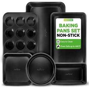 image:imageNutriChef Baking Mould Set Black  Baking Tray Casserole Dish Muffin Baking Tin Bread Baking Tin NonStick Carbon Steel Oven Safe up to 230C Dishwasher Safe Stackable  Square amp Round Baking
