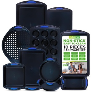 image:imageNutriChef Baking Set 10Piece Dark Blue with Blue Silicone Handles  Baking Tray Bread Baking Mould Muffin Mould NonStick Carbon Steel Stackable Oven Safe up to 230 C Dishwasher Safe