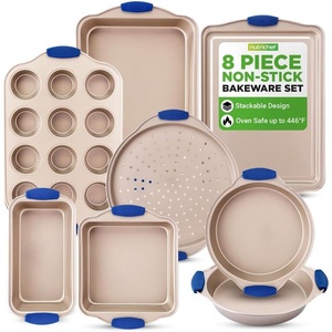image:imageNutriChef Kitchen Oven Baking Pans  Deluxe Nonstick Gold Coating Inside amp Outside Carbon Steel Bakeware Set with Blue Silicone Handles Durable amp Reliable Cookie Sheet Oven Pan Style