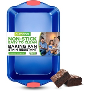 image:imageNutriChef Non Stick Baking Pan Blue Carbon Steel Bake Pan with Red Silicone Handles Commercial Grade Restaurant Quality Metal Bakeware Compatible with Model NCSBSBL8Blue