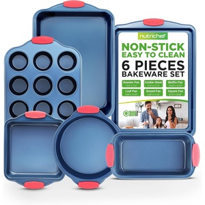 image:imageNutriChef Nonstick 3Piece Baking Pans Set  Carbon Steel Bakeware with Blue Coating Inside amp Outside and Red Silicone Handles Durable and Reliable Effortless Baking and Easy Cleanup Blue6Piece Set