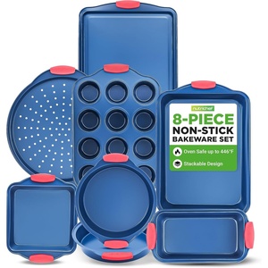 image:imageNutriChef Nonstick 3Piece Baking Pans Set  Carbon Steel Bakeware with Blue Coating Inside amp Outside and Red Silicone Handles Durable and Reliable Effortless Baking and Easy Cleanup Blue8Piece Set