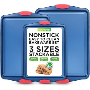 image:imageNutriChef Nonstick 3Piece Baking Pans Set  Carbon Steel Bakeware with Blue Coating Inside amp Outside and Red Silicone Handles Durable and Reliable Effortless Baking and Easy Cleanup Blue3Piece Set