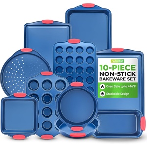 image:imageNutriChef Nonstick 3Piece Baking Pans Set  Carbon Steel Bakeware with Blue Coating Inside amp Outside and Red Silicone Handles Durable and Reliable Effortless Baking and Easy Cleanup Blue10Piece Set