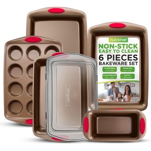 image:imageNutriChef Nonstick Bakeware Set of 6 Baking Pan with Cookie Sheets 12cup Muffin amp Loaf pan  Easy to Clean Oven Safe Durable Warp Resistance Carbon Steel Pan Set for Baking Roasting amp CookingGold
