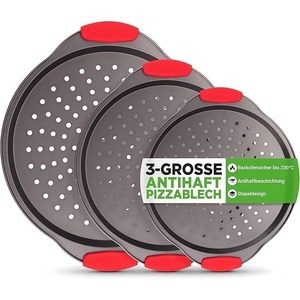 image:imageNutriChef Pizza Trays Black Set of 3 Diameter 24 cm 28 cm and 33 cm Perforated NonStick Baking Moulds Made of Carbon Steel with Silicone Handles Stackable and Dishwasher Safe for Pizza Tarte