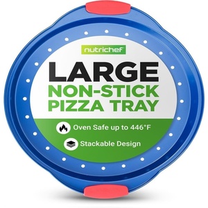 image:imageNutrichef NonStick Pizza Tray for Oven 33cm Round Carbon Steel Baking Trays with Perforated Holes Silicone Handles Dishwasher Safe Pizza Stone Alternative Blue