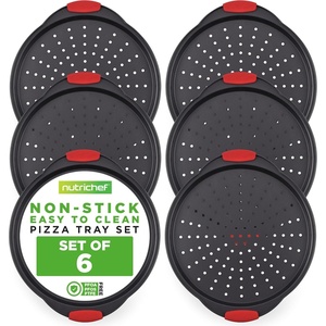 image:imageNutrichef NonStick Pizza Tray with Silicone Handles 4Pack Round Steel NonStick Pans with Perforated Holes Premium Bakeware Pizza Trays with Silicone and Oversized Handles Dishwasher Safe6 Piece