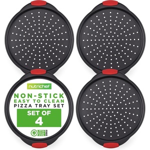 image:imageNutrichef NonStick Pizza Tray with Silicone Handles 4Pack Round Steel NonStick Pans with Perforated Holes Premium Bakeware Pizza Trays with Silicone and Oversized Handles Dishwasher Safe4 Piece