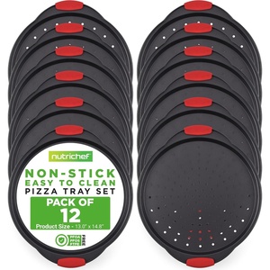 image:imageNutrichef NonStick Pizza Tray with Silicone Handles 4Pack Round Steel NonStick Pans with Perforated Holes Premium Bakeware Pizza Trays with Silicone and Oversized Handles Dishwasher Safe12 Piece