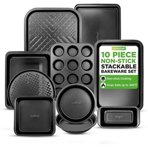 image:imageNutrichef Oven Tray Set Baking Trays for Oven Non Stick Set Bakeware Cooking Pans Cookie Sheets 10 Piece Carbon Steel Square Round Loaf Pizza Cupcake Tins Dishwasher Safe BlackBlack
