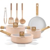 image:imageNutriChef 14 Pcs Nonstick Ceramic Cookware Set  Induction Safe Pots and Pans with Glass Lids CoolTouch Handles Even Heat Distribution Dishwasher Safe Includes Spatula Ladle Tong BlackPink