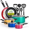 image:imageNutriChef 15Piece Colorful Pots and Pans Set  Heat Resistant Lacquer Cookware Set with Saucepot Frying Pans Oven Pot Lids Utensil set  All Cooktop Compatible Including Induction