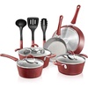 image:imageNutriChef Nonstick Kitchenware Pots amp Pans  11 Pcs Stylish Kitchen Cookware Set wElegant Lines PatternGray Inside amp Red Outside Metal  Silicone Handle PTFEPFOAPFOS Free  NCCW11RDLRed