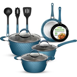 image:imageNutriChef 11 Pc Ceramic Cookware Set  Excilon Blue Diamond Nonstick Induction Ready Includes Saucepan Fry Pans Dutch Oven Utensils Dishwasher Safe  NCCW11BD7